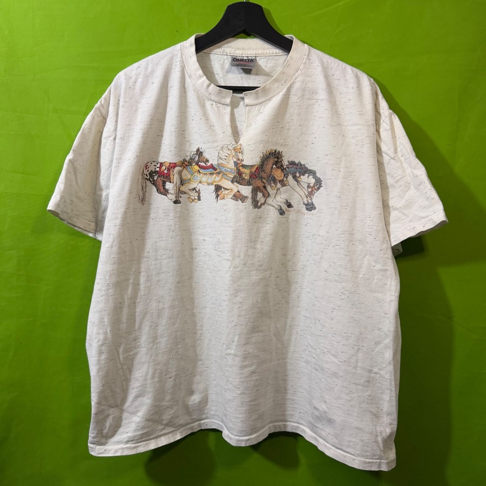 Vintage Oneita 1995 Carousel Horses Art Missoula T-Shirt XL Grey Birch 90s USA
